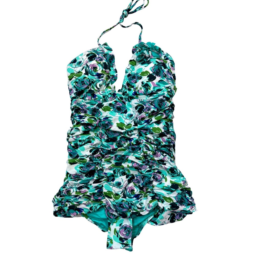Nanette Lepore 1 Piece Swimsuit Womens Small Turquoise NWT Floral Ruched Halter